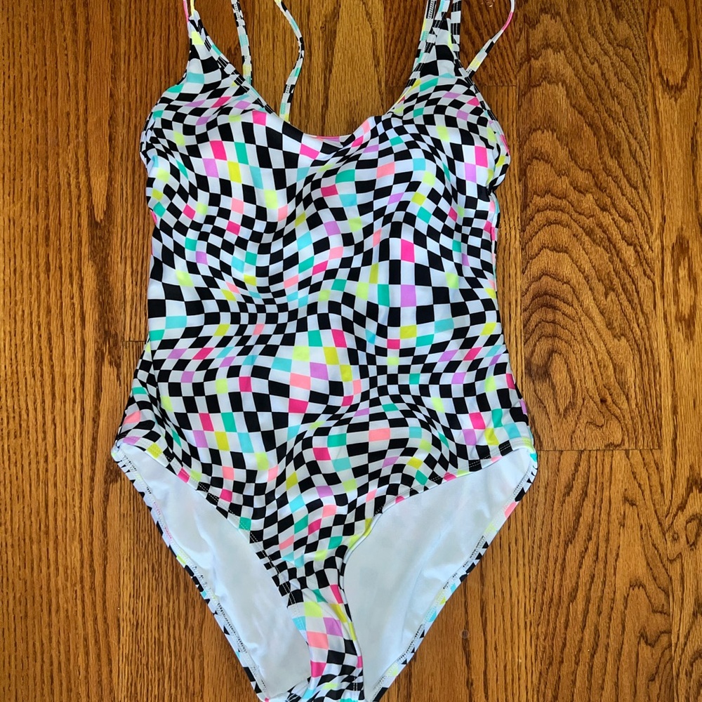 No Boundaries Black-and-White Checkerboard One-Piece Swimsuit with Neon Accents